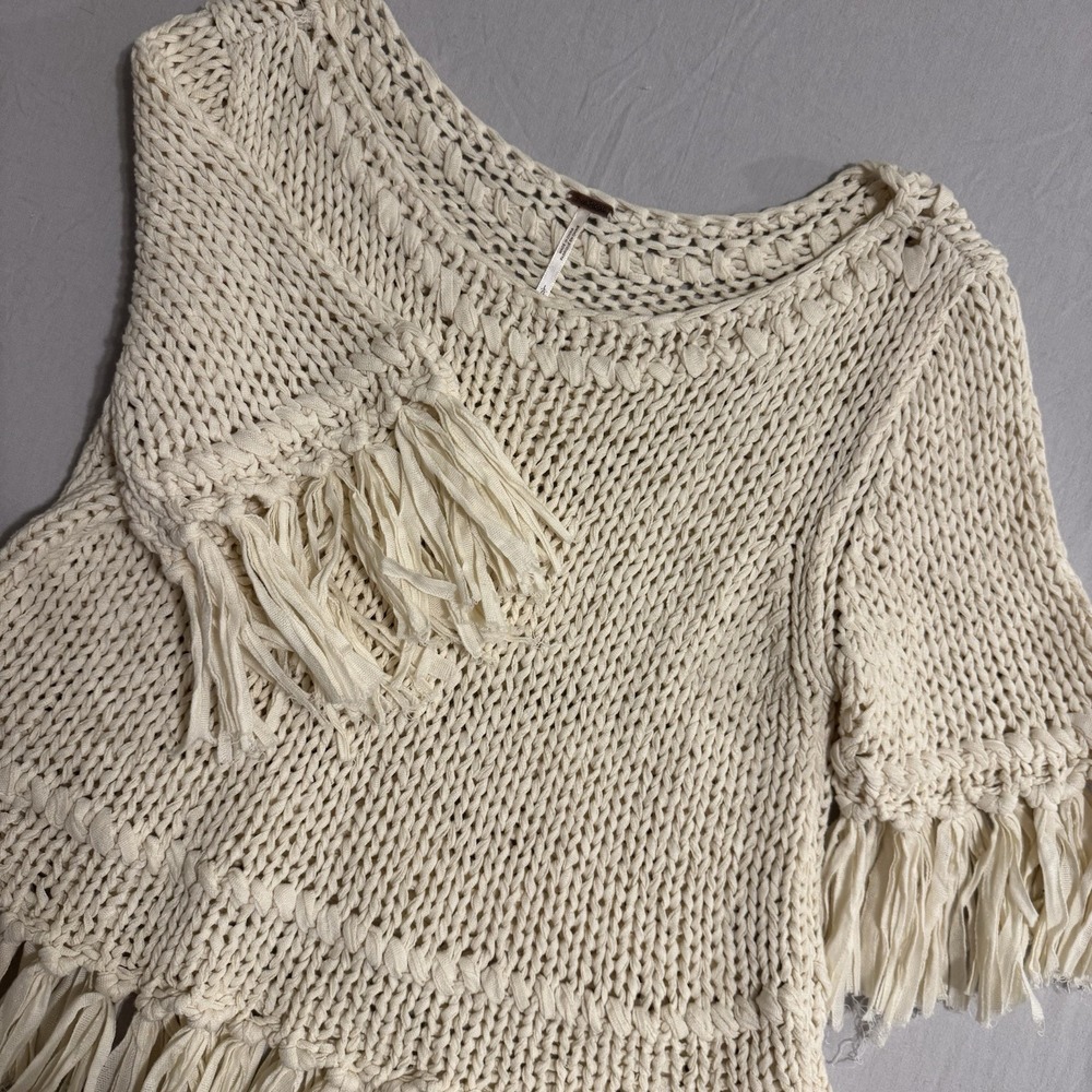 Free People Knit Top Santa Cruz Cream Chunky Fringe Boho Women's L Beige
